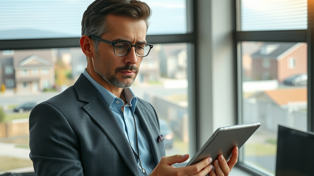 Residential market analysis expert reviewing housing data in modern office.