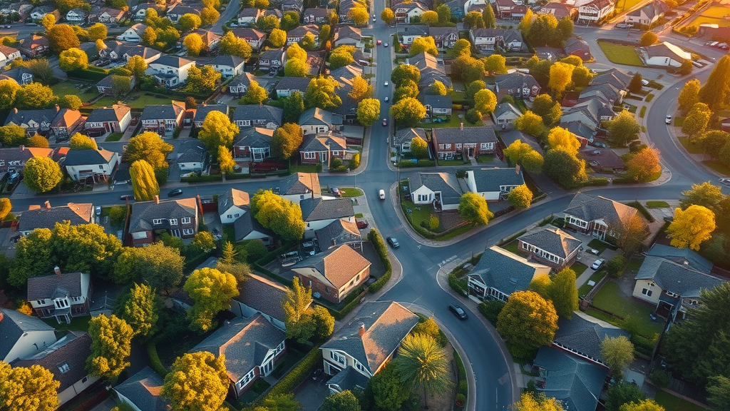Aerial view of suburban neighborhood for residential market analysis blog.