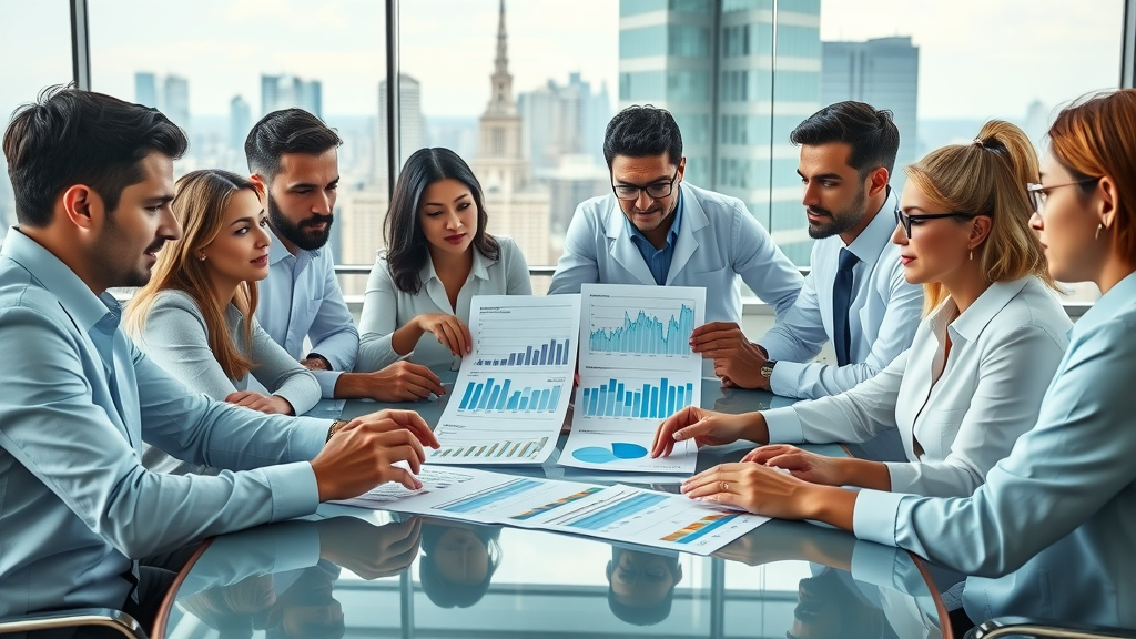 Team of experts performing residential market analysis with charts and laptops.