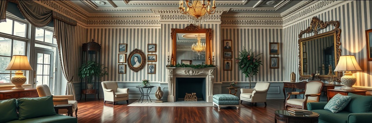 Classic real estate agency office with ornate decor and warm lighting.