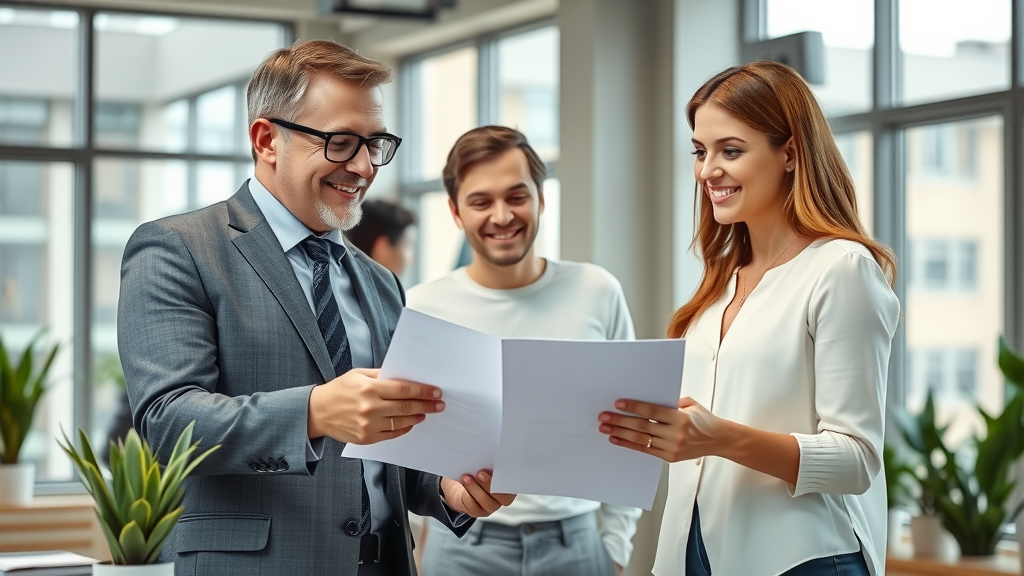 Expert real estate agent explains buying tips to couple, real estate agency help