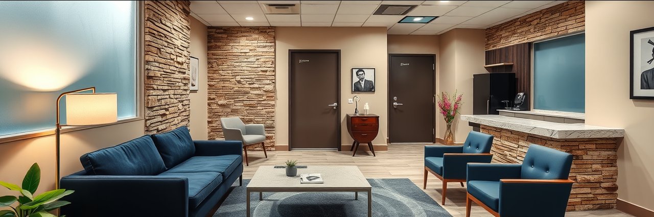 Modern dentist office waiting room with stylish decor and comfortable seating.