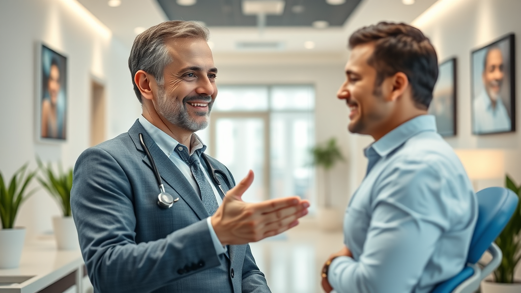 Friendly dentist welcoming anxious patient in modern dental office reception