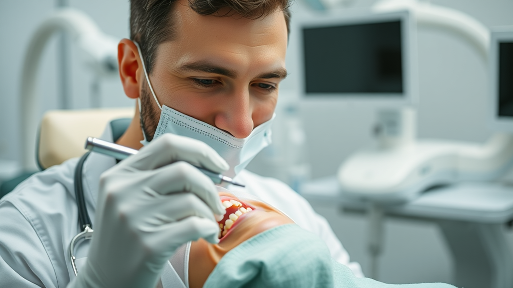 Dentist performing gentle checkup with modern equipment emphasizing patient care