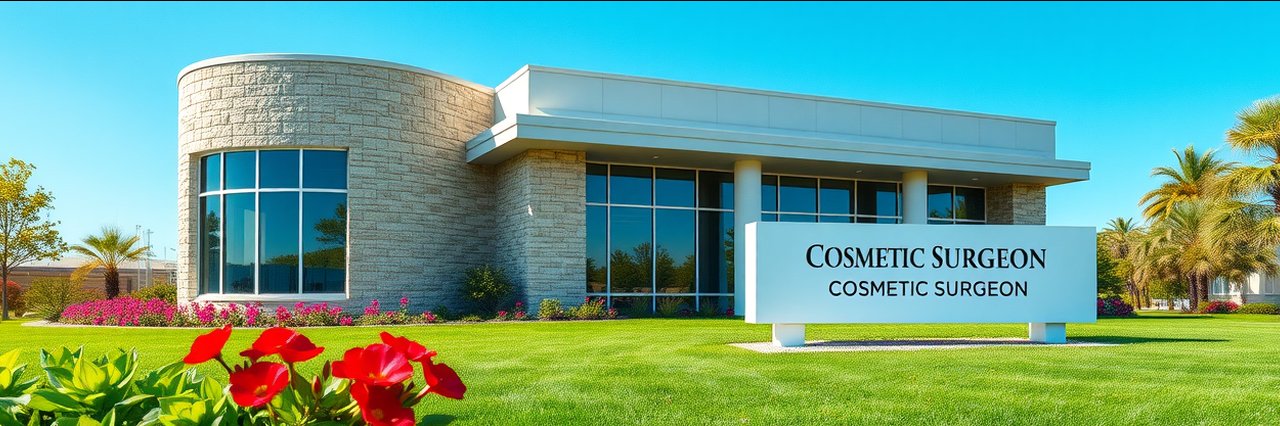 Cosmetic surgeon office with manicured lawn and prominent service sign.