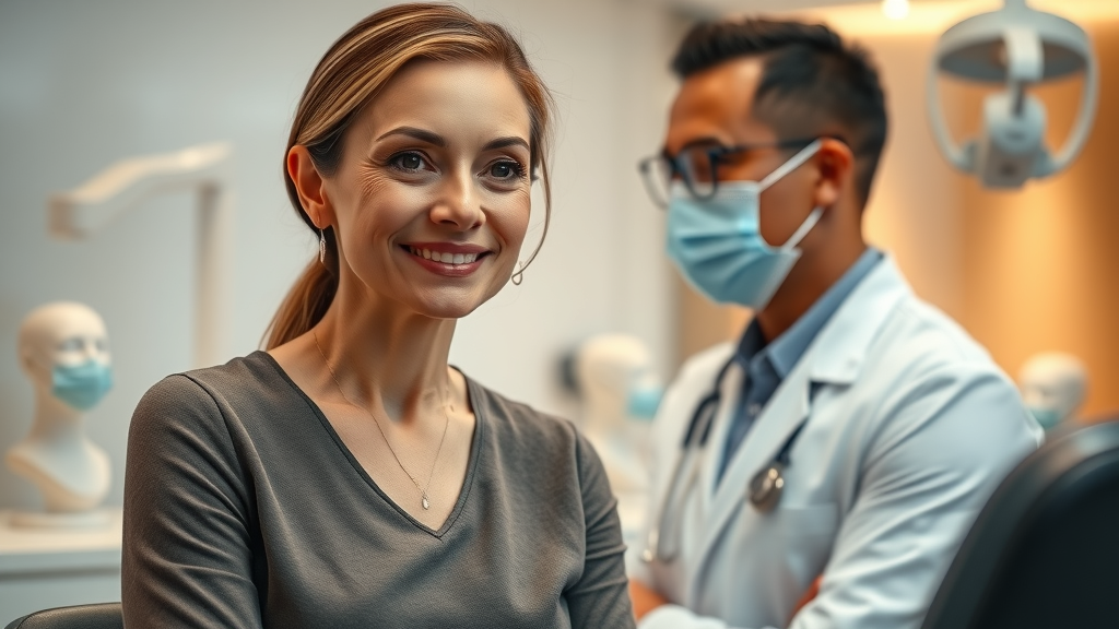 Cosmetic surgeon consulting client in modern office, discussing dream look.