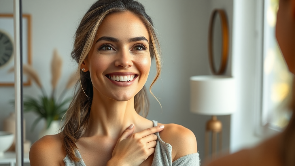 Confident woman admires post-cosmetic surgery results in mirror at home.