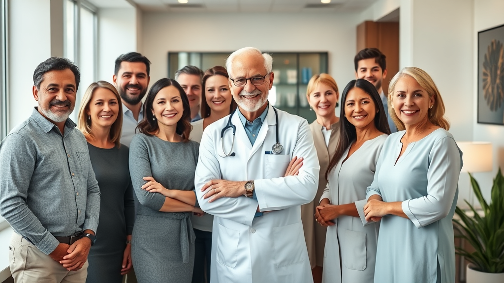 Cosmetic surgeon with diverse happy patients in bright, modern clinic setting.