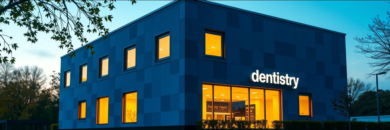 Modern dentist office building with geometric design and warm evening lights