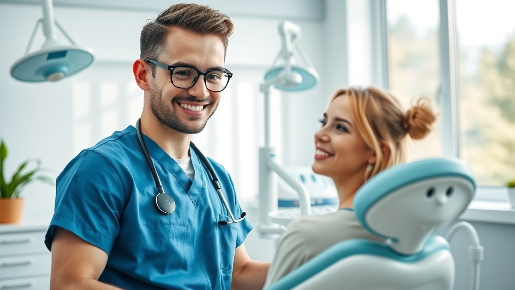Compassionate dentist welcoming anxious patient in bright modern dental clinic