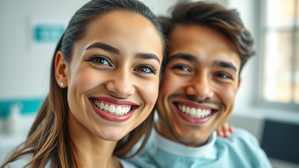 Confident smiles after dentist visit, healthy teeth in modern dental clinic