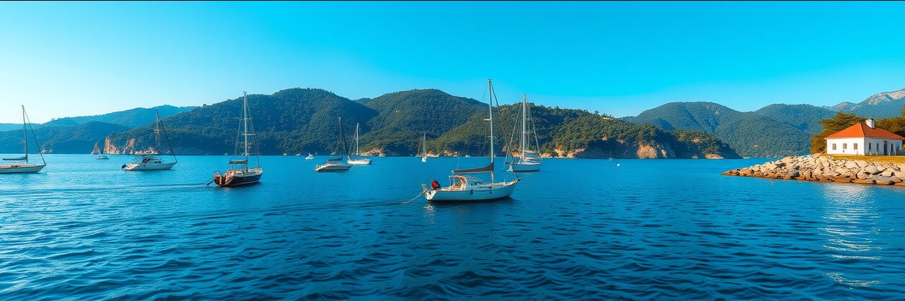 Real estate agency waterfront listing with boats and green wooded hills