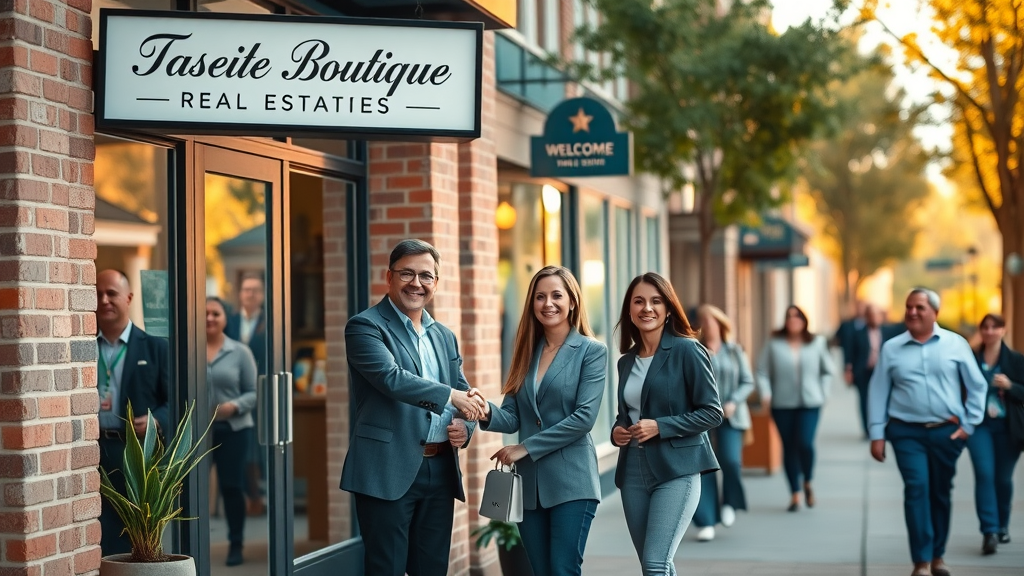 Welcoming real estate agency team greets clients outside boutique office