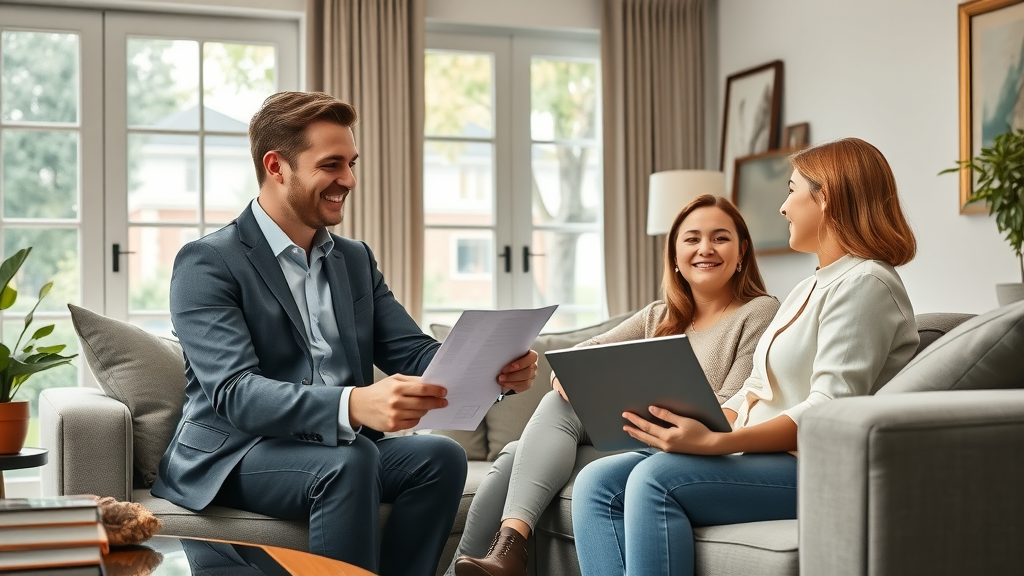 Real estate agency agent reviews home listings with couple in stylish living room