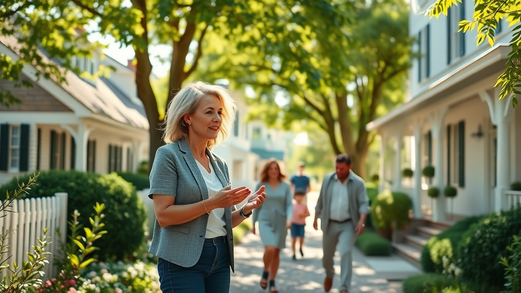 Real estate agency expert guiding family on home tour in scenic neighborhood
