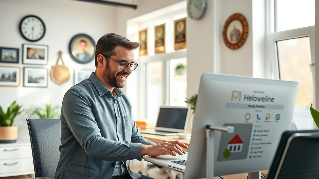 Professional real estate agency agent helps client search homes in modern office