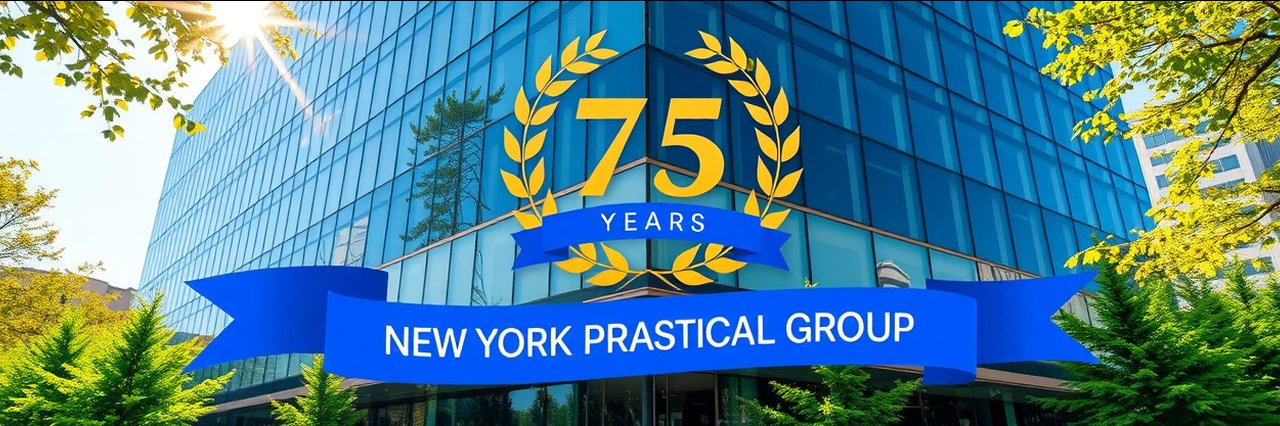 Modern office building with 75 years New York plastic surgeon group badge