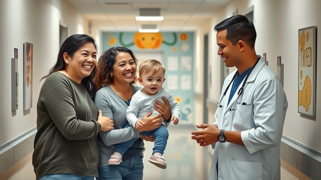 Smiling plastic surgeon and family after positive surgery outcome, confident transformation.