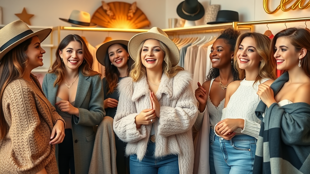 Diverse women trying fashionable outfits in vibrant boutique setting.