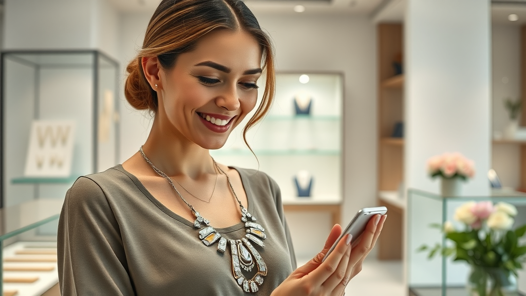Woman admiring necklace in boutique jewelry section with soft lighting.