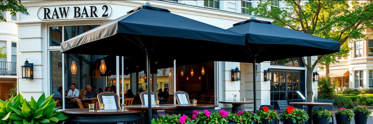 Charming raw bar restaurant patio with umbrellas and lush colorful flowers