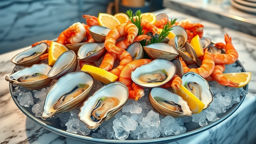 A vibrant platter of raw bar specialties with fresh oysters, clams, shrimp, and ice.