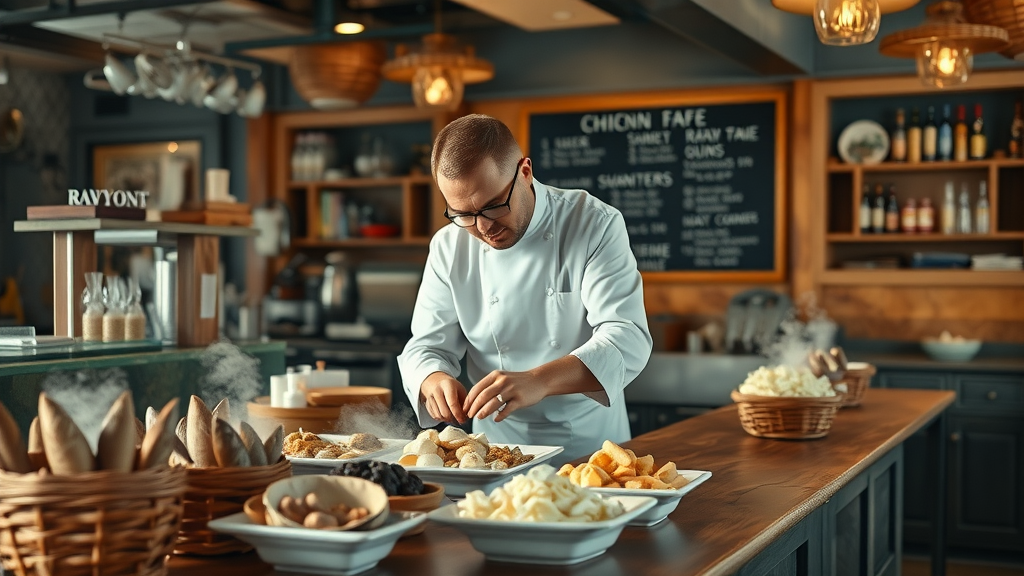 Chef preparing fresh raw bar specialties at coastal restaurant for seafood lovers.