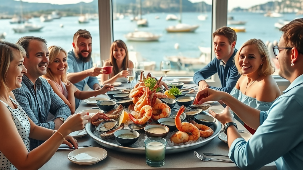 Friends enjoying raw bar specialties with bay view and fresh seafood platter.