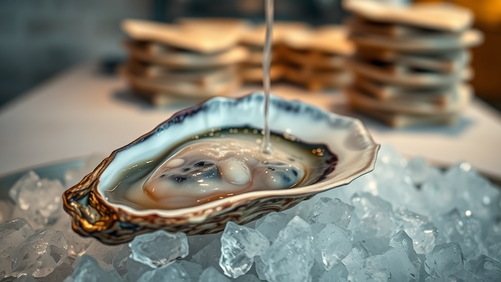 Close-up of fresh oyster being shucked for raw bar specialties on crushed ice.