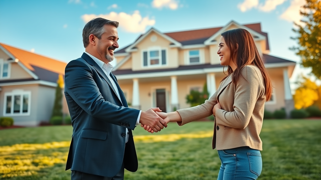 Real estate agency agent helping new home buyers in a sunny suburban neighborhood