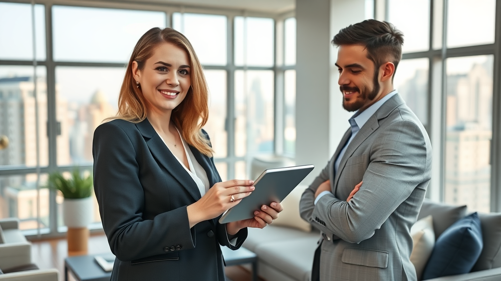 Real estate agency agent showing property data to clients in a luxury living room