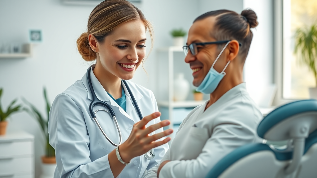 Empathetic dentist comforts anxious patient in a modern dental office