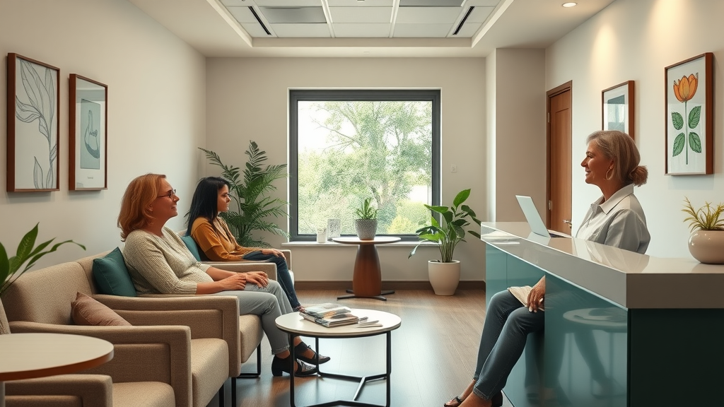 Calm dental clinic waiting room with relaxed patients and soothing dƩcor