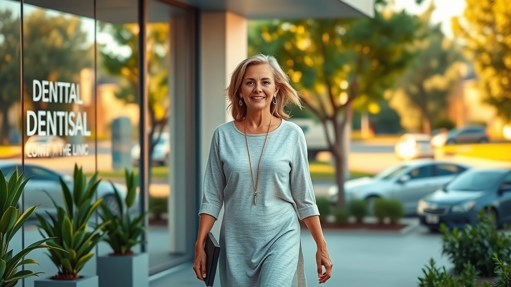 Confident woman approaches welcoming dentist office in sunlit suburban setting