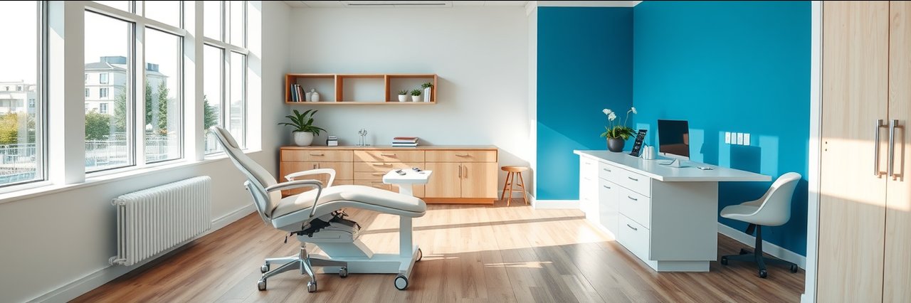 Modern plastic surgery consultation room with clean furniture and blue accent wall.