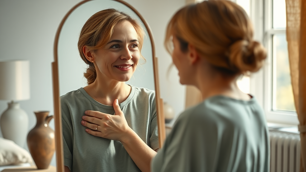 Woman smiling at post-plastic surgery results, empowered and natural in her home.