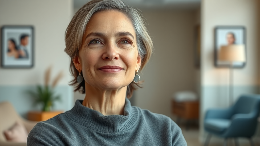 Confident woman after plastic surgery in a modern clinic, serene and empowered.
