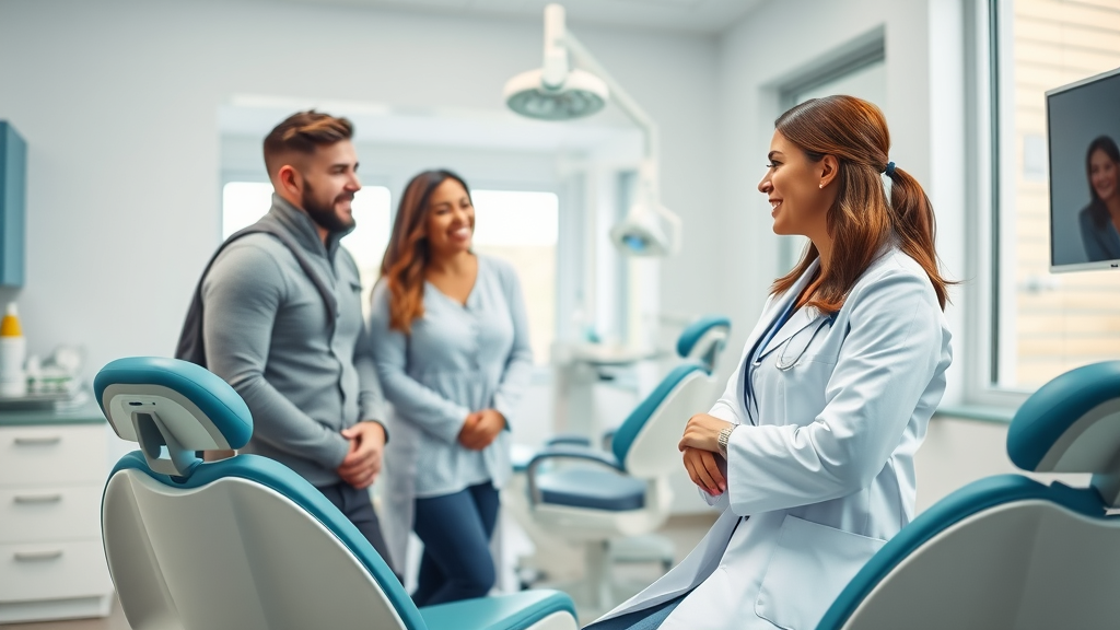 Friendly dentist welcomes family in a modern dental office, finding the right dentist.