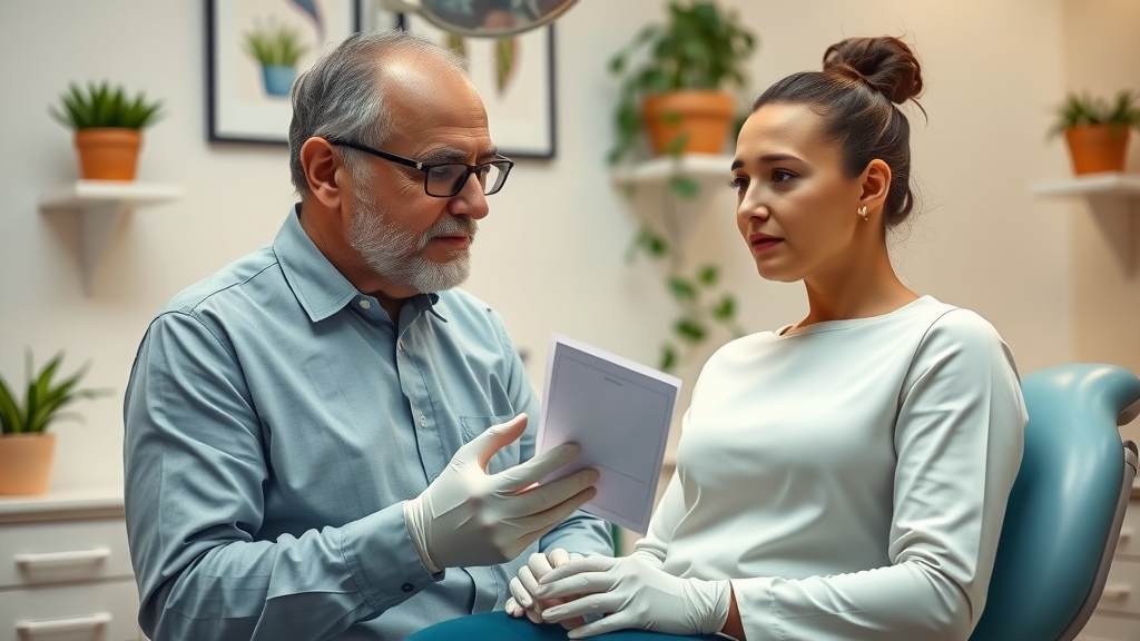 Dentist comforts anxious patient, trust and communication at dental care visit.