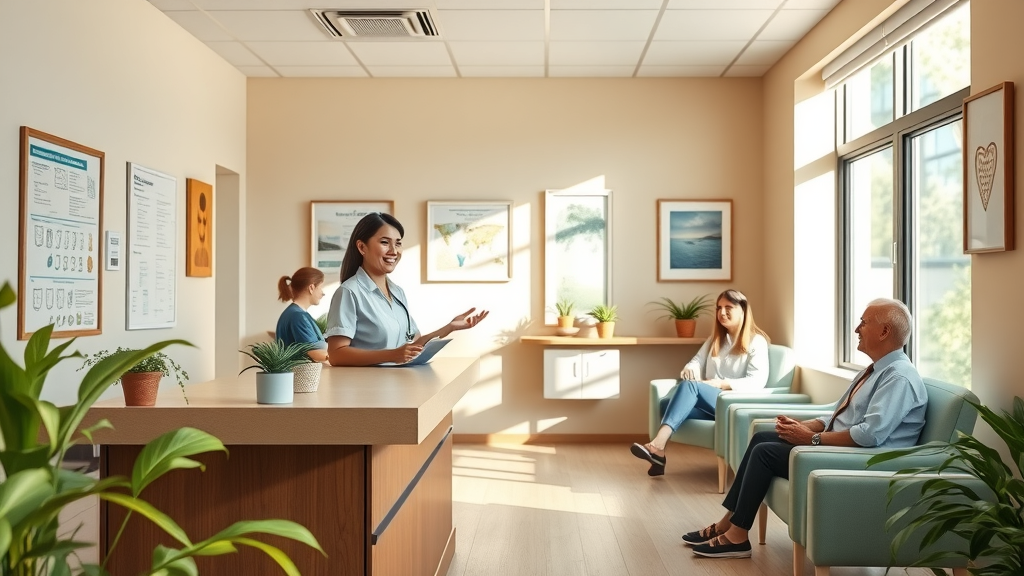 Warm dental office front desk, welcoming atmosphere for choosing a dentist.