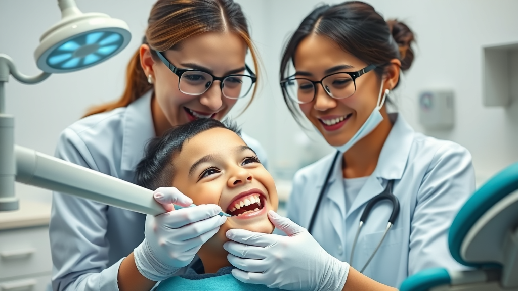Experienced dentist and assistant caring for young patient during dental exam.