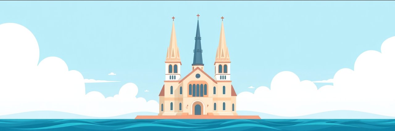 Minimalist illustration of cathedral with twin towers and spire for trenchless sewer repair