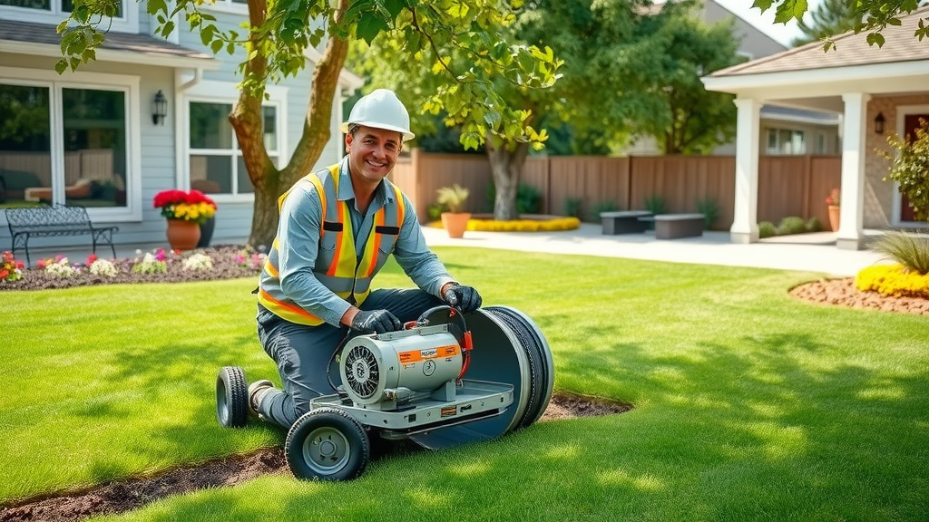 Trenchless sewer repair expert using advanced equipment in a pristine backyard