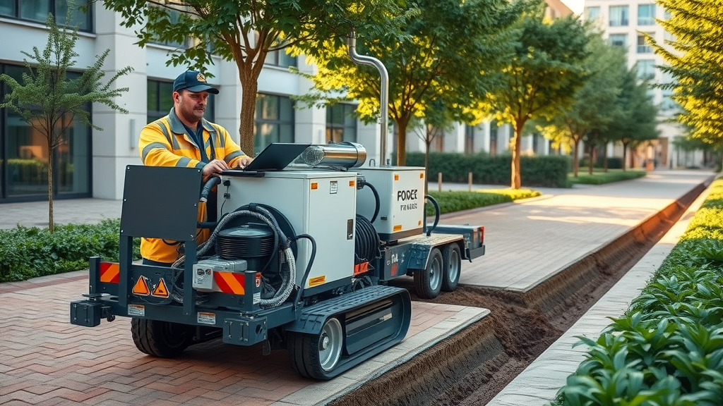 Trenchless sewer repair technology in use at commercial property with intact landscaping