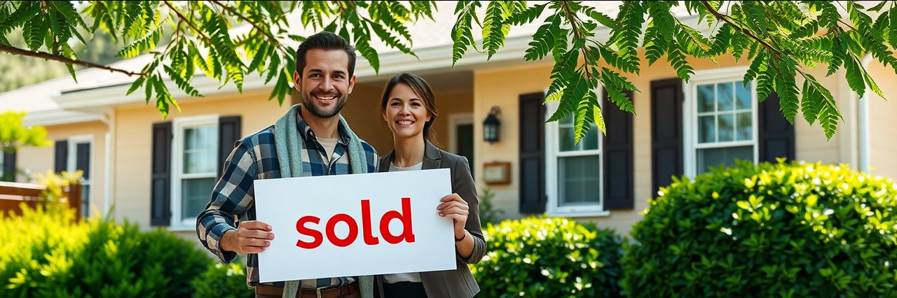Happy real estate agency clients holding sold sign in front of new home.