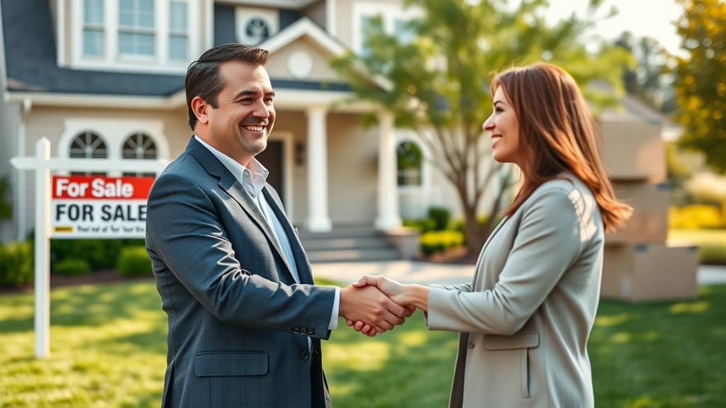 Real estate agency agent helping sell home quickly with clients outside house