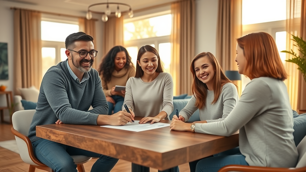 Family finalizing quick home sale with real estate agency agent in modern home