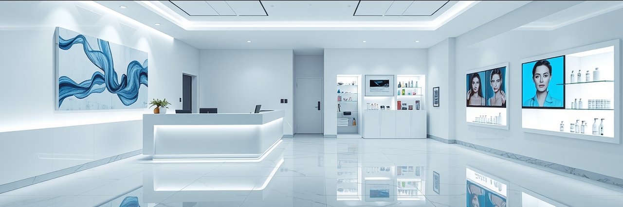 Modern plastic surgeon office with white marble floors and sleek reception area.