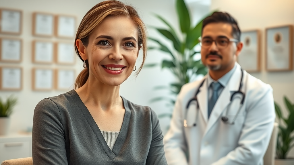 Confident woman consulting with expert plastic surgeon in a modern clinic.
