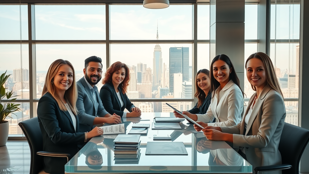 Expert real estate agency team welcoming clients in modern New York office